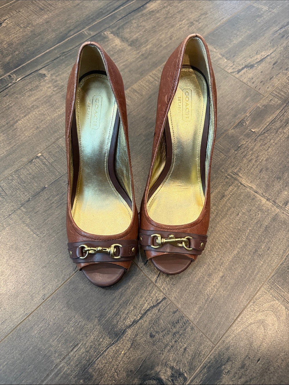 Coach Brown Leather Peep-Toe Heels with Signature Horsebit